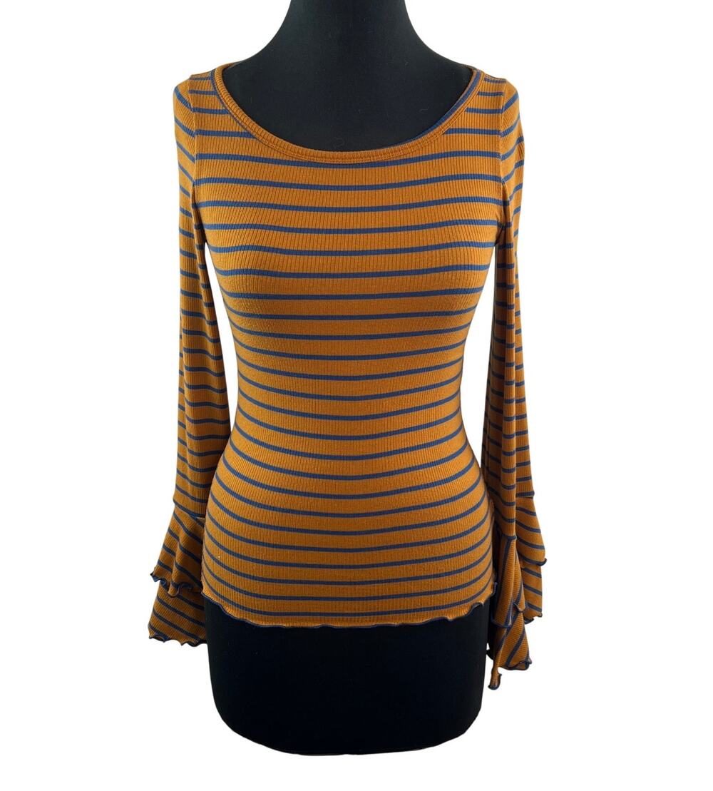 We The Free People Brown Blue Top Striped Round Neck Bell Sleeve Size XS X-Small